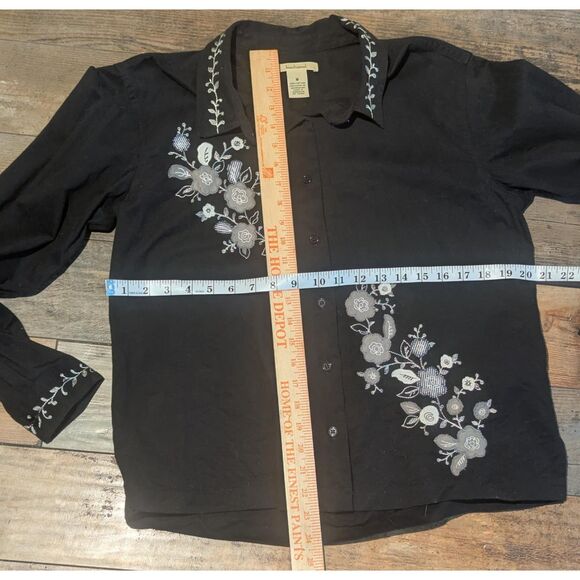 Bechamel Black Floral Embroidery Button Down Shirt Blouse Medium - Picture 5 of 6